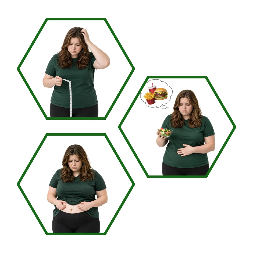 Worried About Weight Gain Person worried about weight gain as body fat increases and becomes harder to control